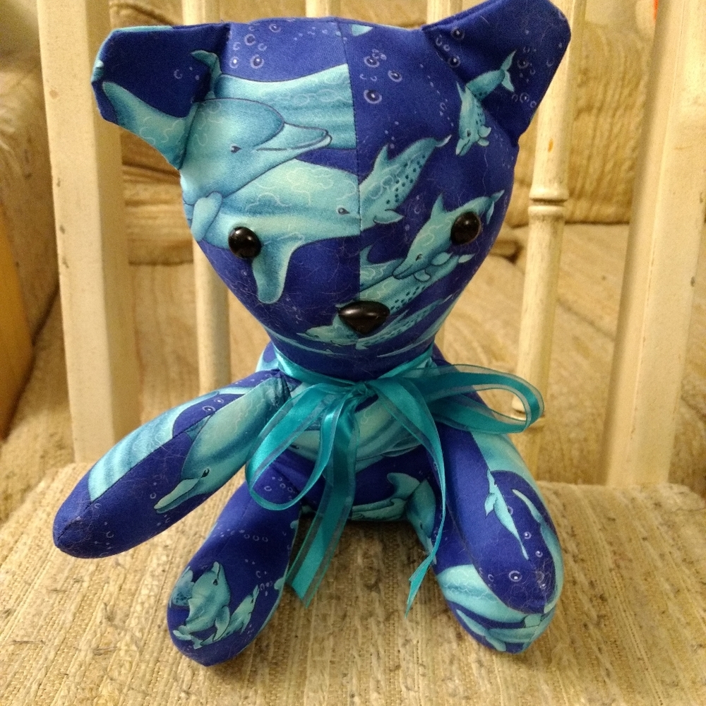 Handmade Dolphin Fabric bear 10" high, new